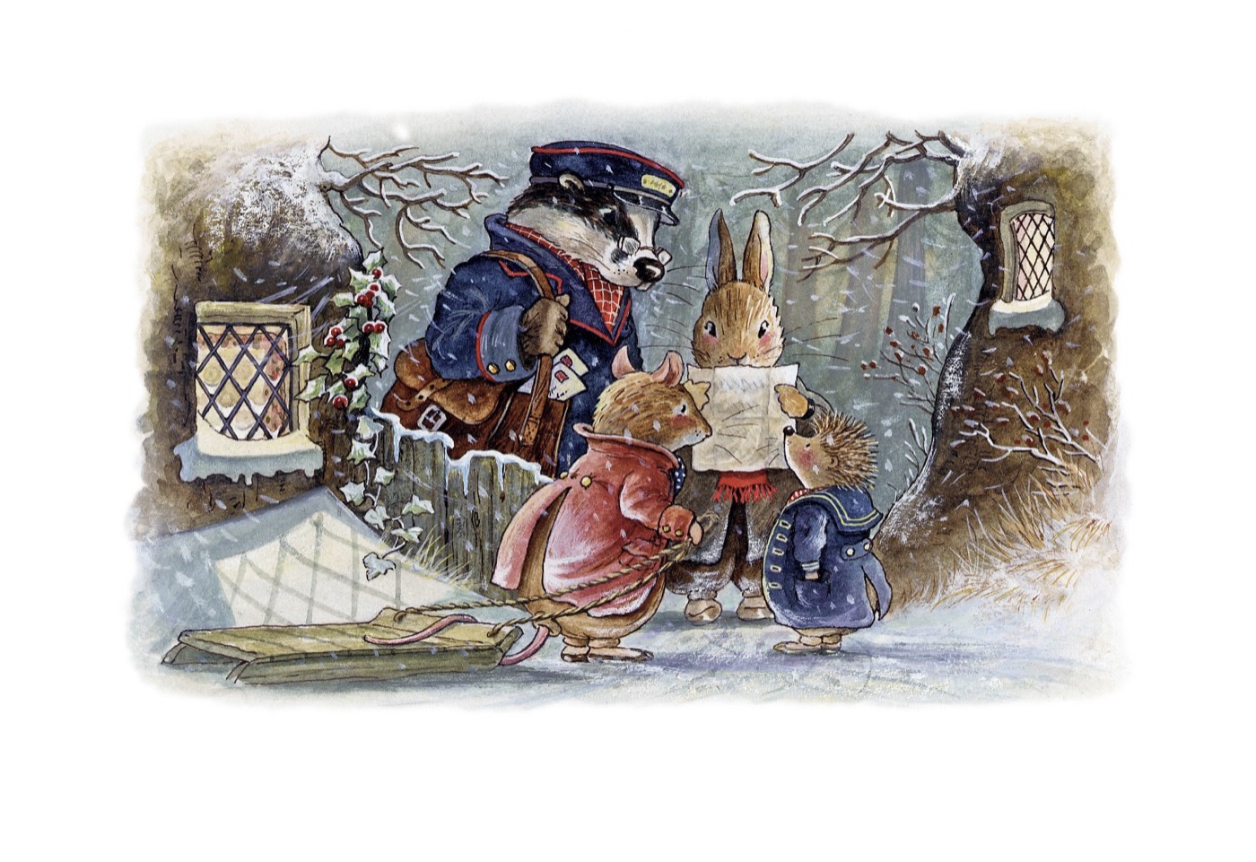 A badger postman in a blue uniform showing a letter to the three friends in blowing snow